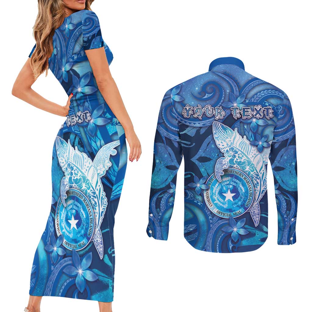 Personalised Northern Mariana Islands Couples Matching Short Sleeve Bodycon Dress and Long Sleeve Button Shirt Galaxy Polynesian Shark Tattoo - Polynesian Pride