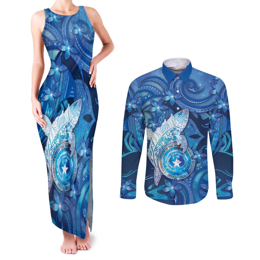 Personalised Northern Mariana Islands Couples Matching Tank Maxi Dress and Long Sleeve Button Shirt Galaxy Polynesian Shark Tattoo - Polynesian Pride