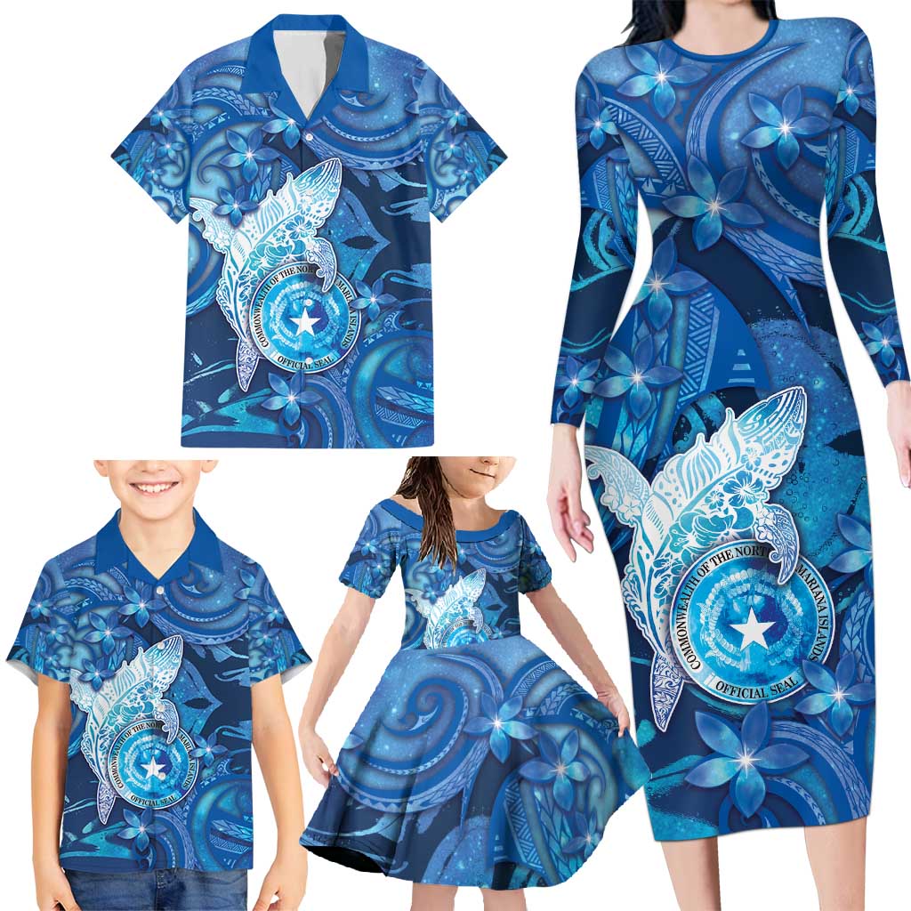 Personalised Northern Mariana Islands Family Matching Long Sleeve Bodycon Dress and Hawaiian Shirt Galaxy Polynesian Shark Tattoo - Polynesian Pride