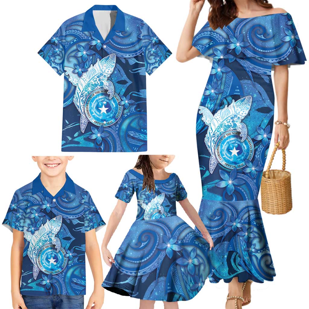 Personalised Northern Mariana Islands Family Matching Mermaid Dress and Hawaiian Shirt Galaxy Polynesian Shark Tattoo - Polynesian Pride