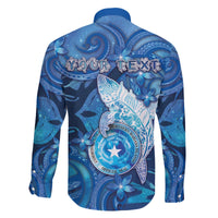 Personalised Northern Mariana Islands Family Matching Off The Shoulder Long Sleeve Dress and Hawaiian Shirt Galaxy Polynesian Shark Tattoo - Polynesian Pride