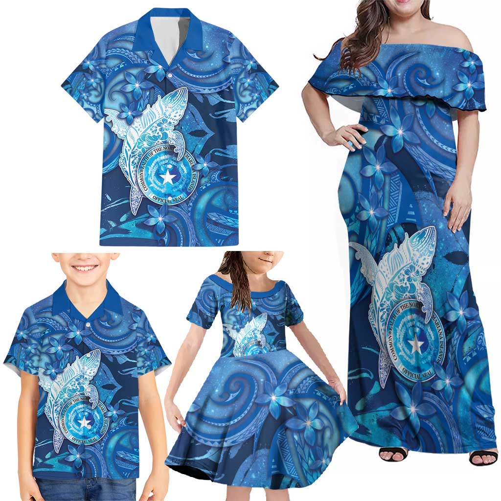 Personalised Northern Mariana Islands Family Matching Off Shoulder Maxi Dress and Hawaiian Shirt Galaxy Polynesian Shark Tattoo - Polynesian Pride