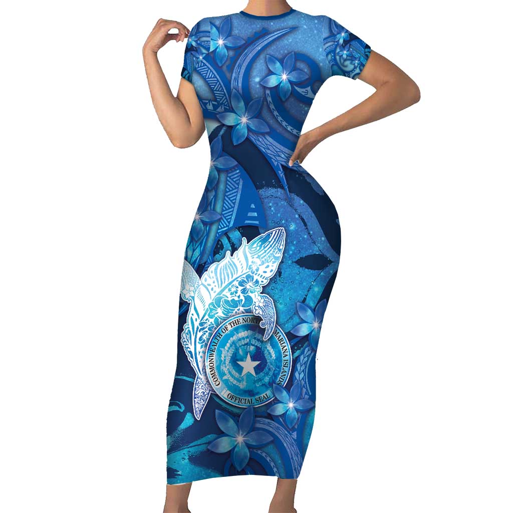 Personalised Northern Mariana Islands Family Matching Short Sleeve Bodycon Dress and Hawaiian Shirt Galaxy Polynesian Shark Tattoo - Polynesian Pride