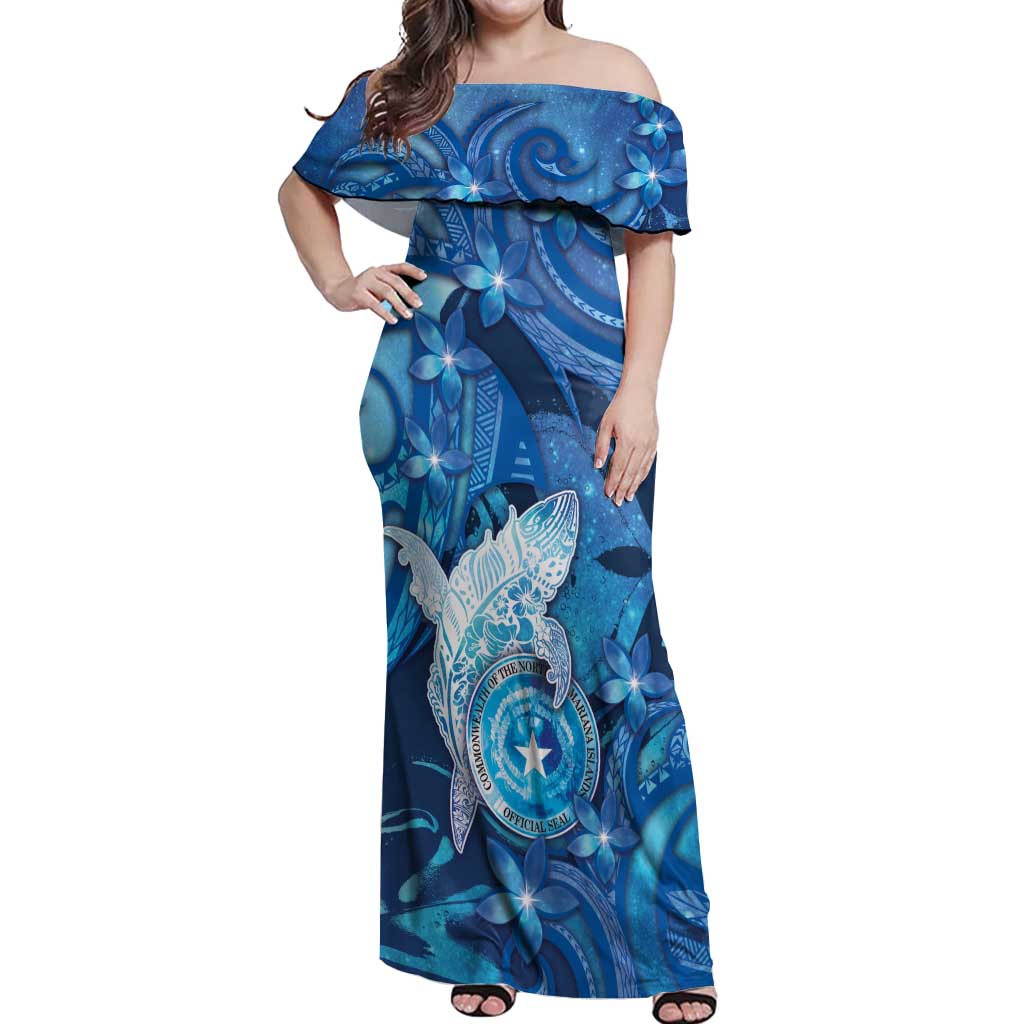 Personalised Northern Mariana Islands Off Shoulder Maxi Dress Galaxy Polynesian Shark Tattoo - Polynesian Pride