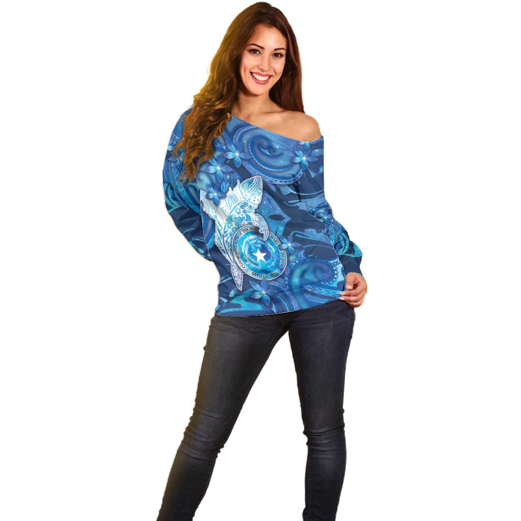 Personalised Northern Mariana Islands Off Shoulder Sweater Galaxy Polynesian Shark Tattoo - Polynesian Pride