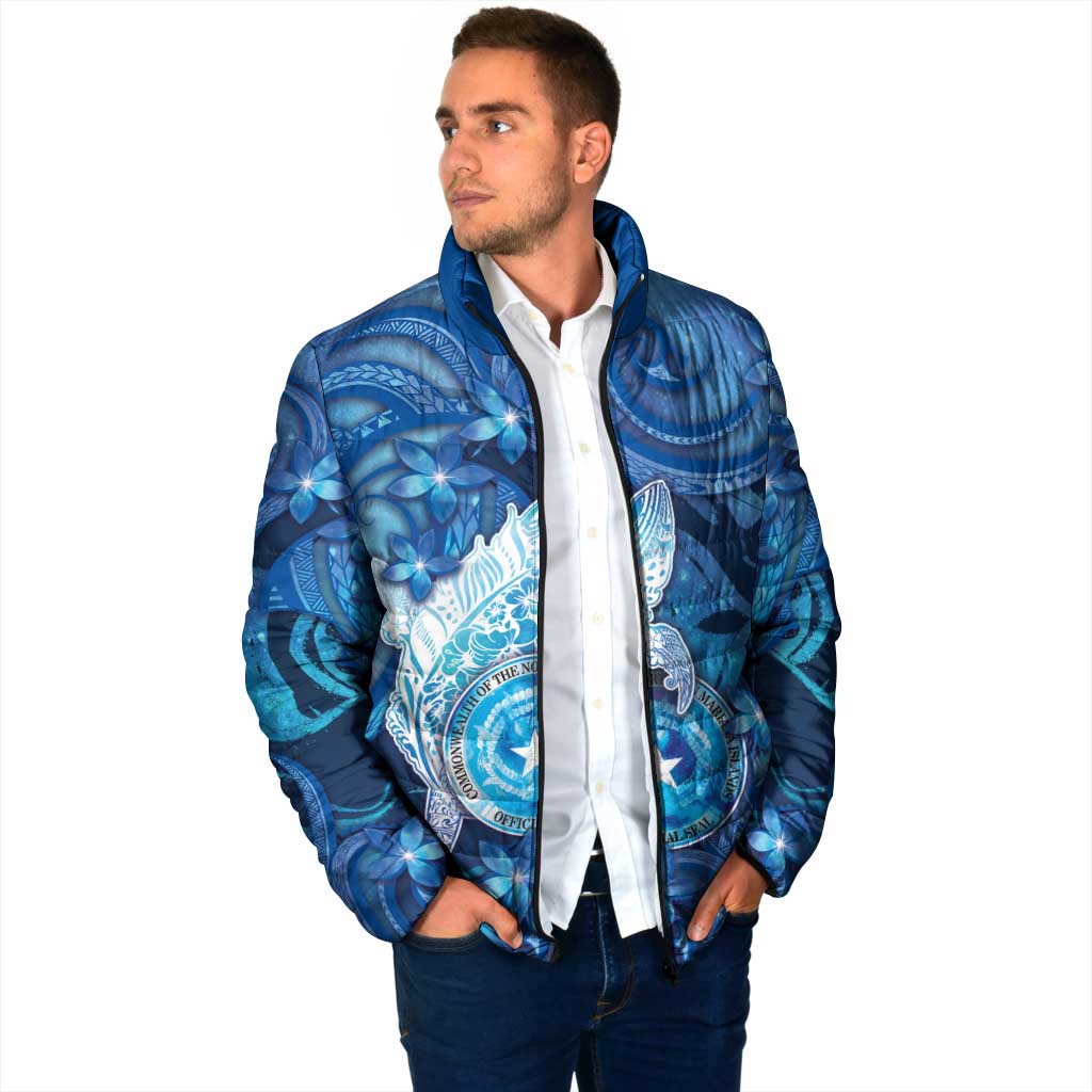 Personalised Northern Mariana Islands Padded Jacket Galaxy Polynesian Shark Tattoo - Polynesian Pride