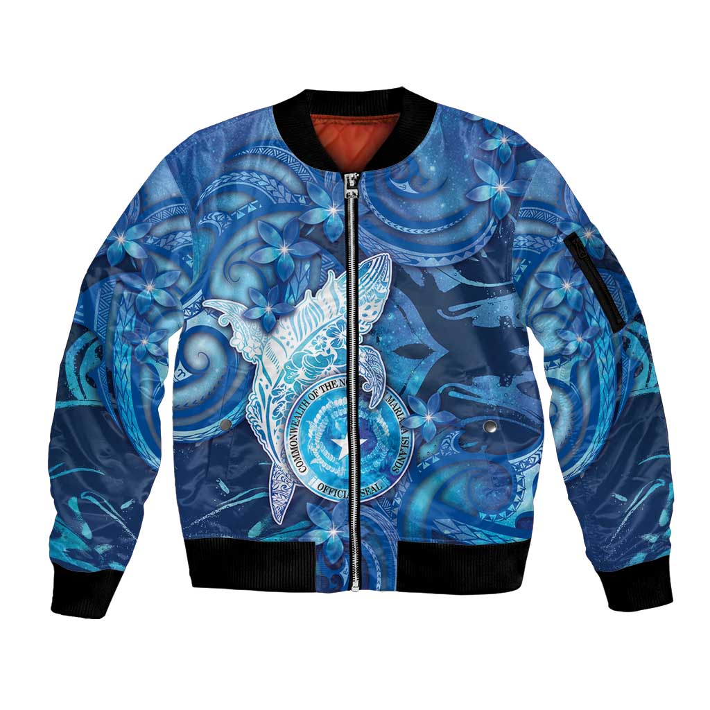 Personalised Northern Mariana Islands Sleeve Zip Bomber Jacket Galaxy Polynesian Shark Tattoo - Polynesian Pride