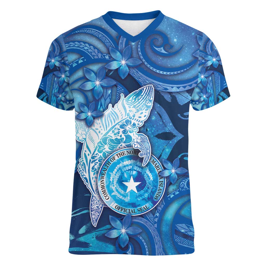 Personalised Northern Mariana Islands Women V-Neck T-Shirt Galaxy Polynesian Shark Tattoo - Polynesian Pride