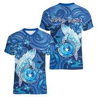 Personalised Northern Mariana Islands Women V-Neck T-Shirt Galaxy Polynesian Shark Tattoo - Polynesian Pride