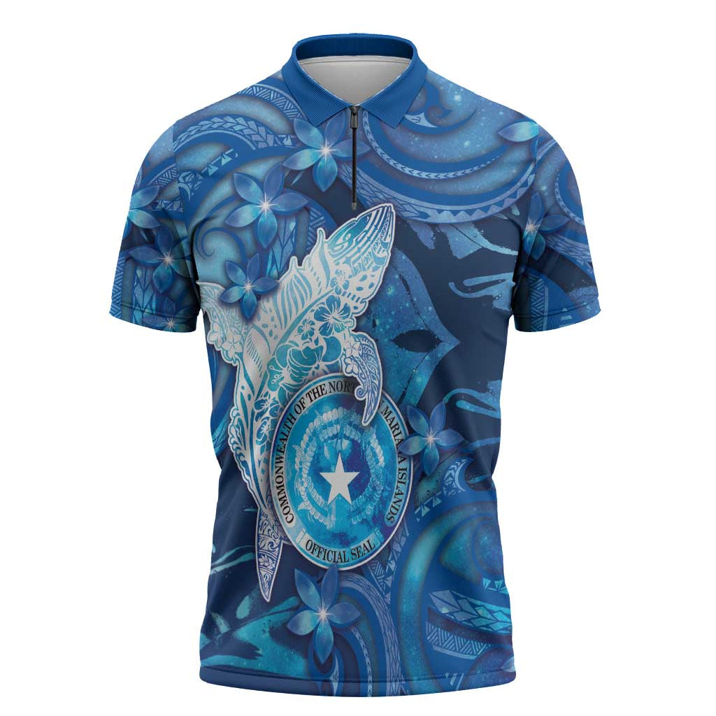 Personalised Northern Mariana Islands Zipper Polo Shirt Galaxy Polynesian Shark Tattoo - Polynesian Pride