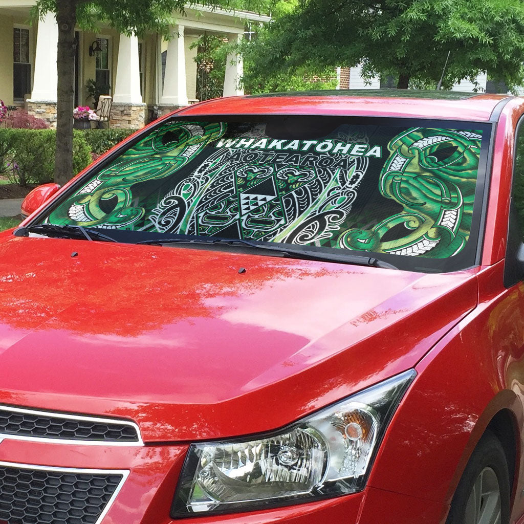 Aotearoa Whakatohea Auto Sun Shade Maori Tribal Green Abalone Paua Shell Pattern DT05 - Polynesian Pride