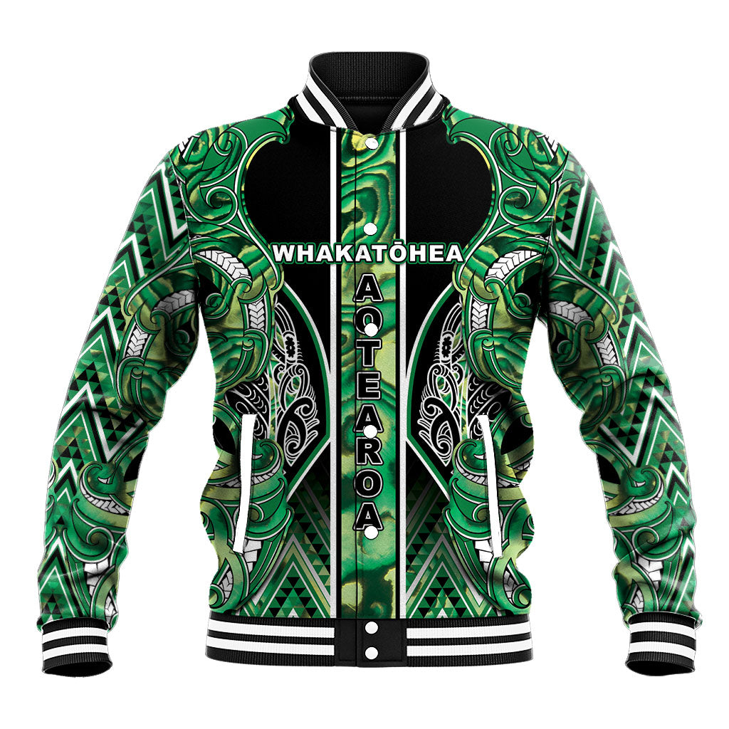 Aotearoa Whakatohea Baseball Jacket Maori Tribal Green Abalone Paua Shell Pattern DT05 Unisex Green - Polynesian Pride