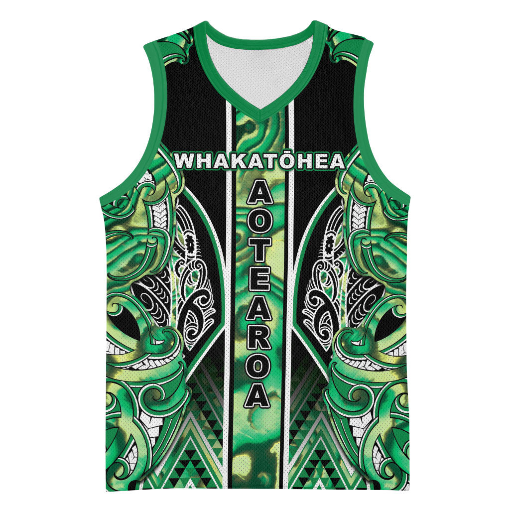 Aotearoa Whakatohea Basketball Jersey Maori Tribal Green Abalone Paua Shell Pattern