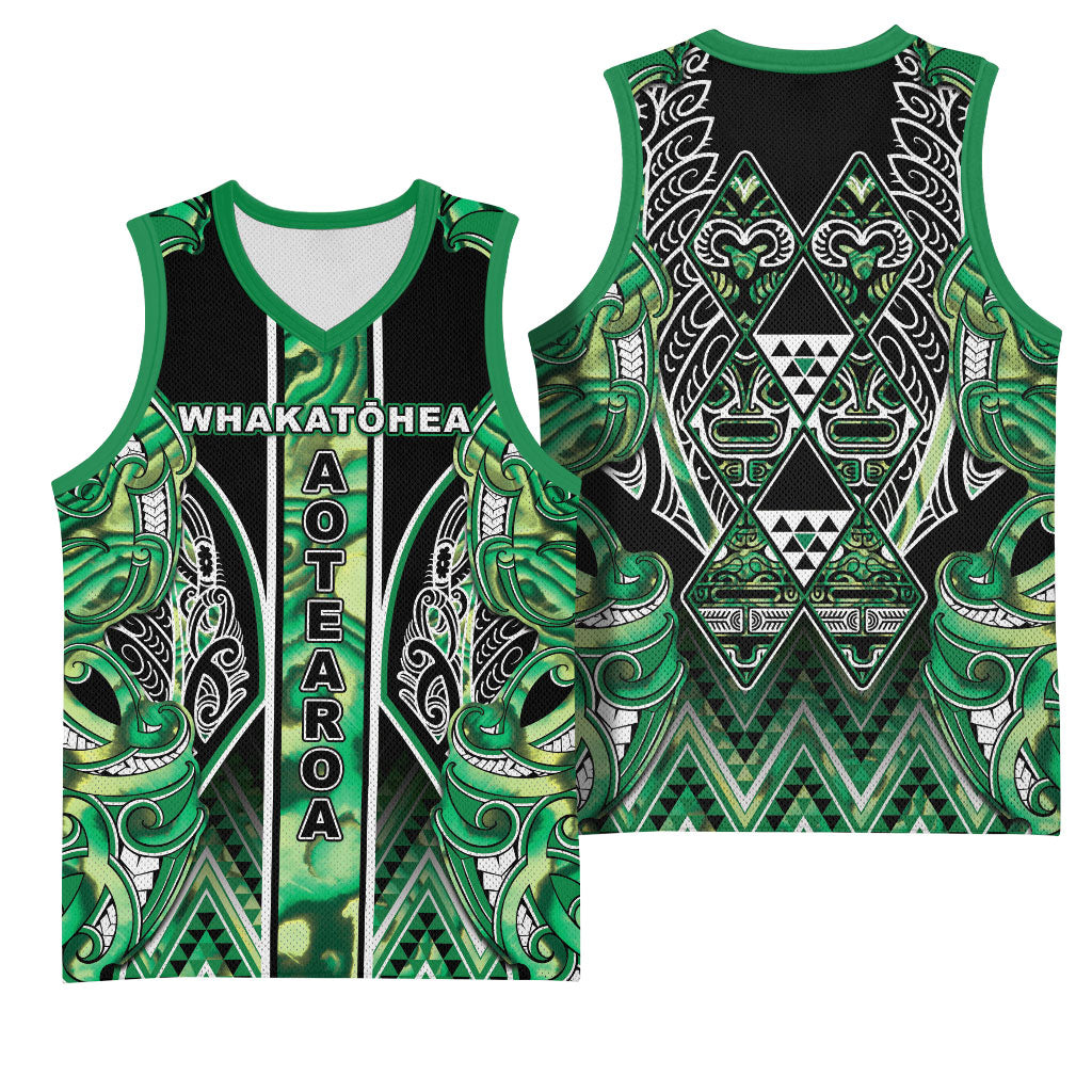 Aotearoa Whakatohea Basketball Jersey Maori Tribal Green Abalone Paua Shell Pattern DT05 - Polynesian Pride