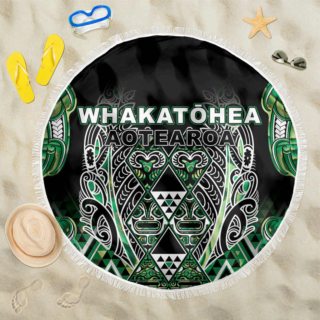 Aotearoa Whakatohea Beach Blanket Maori Tribal Green Abalone Paua Shell Pattern DT05 One Size 150cm Green - Polynesian Pride