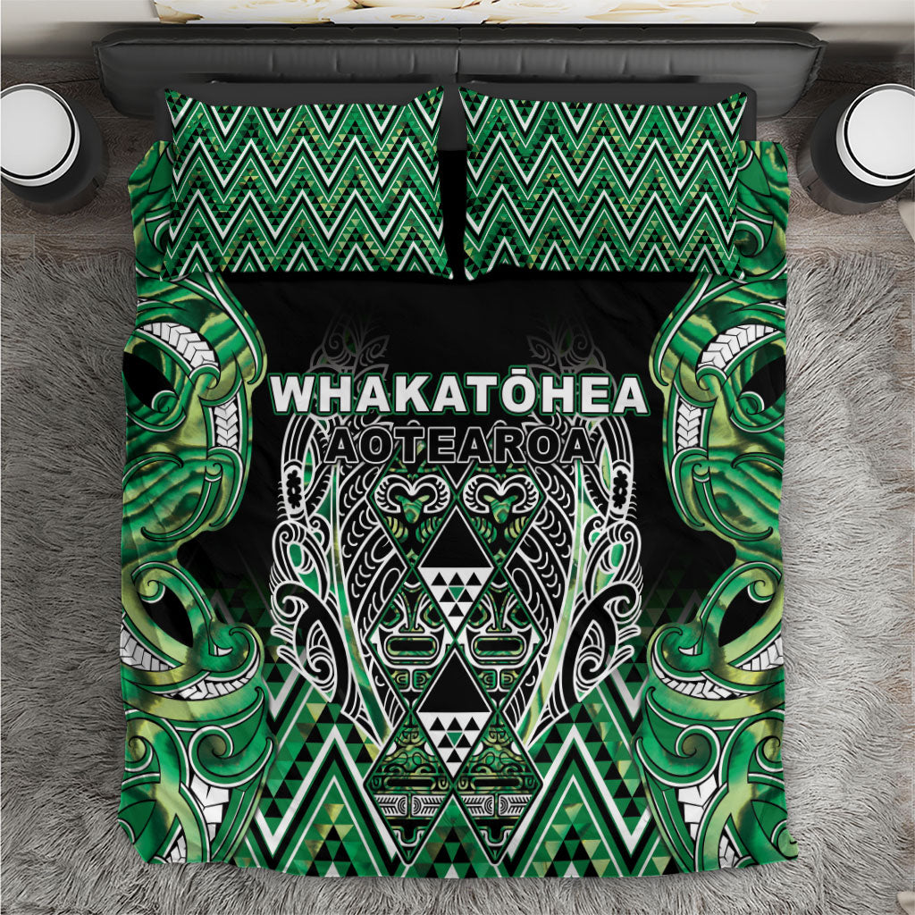 Aotearoa Whakatohea Bedding Set Maori Tribal Green Abalone Paua Shell Pattern