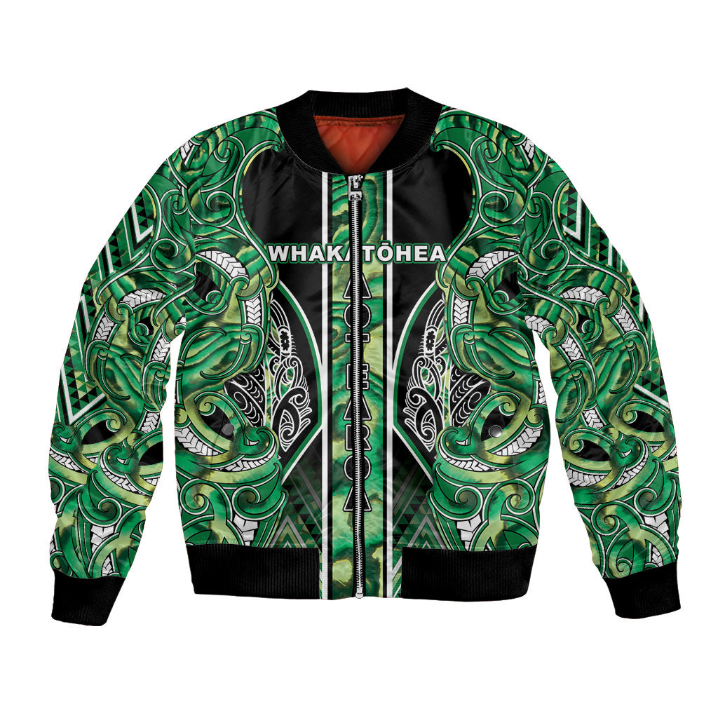 Aotearoa Whakatohea Bomber Jacket Maori Tribal Green Abalone Paua Shell Pattern DT05 Unisex Green - Polynesian Pride