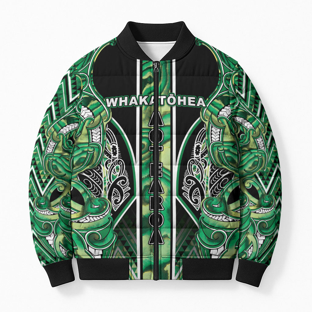 Aotearoa Whakatohea Bomber Puffer Jacket Maori Tribal Green Abalone Paua Shell Pattern