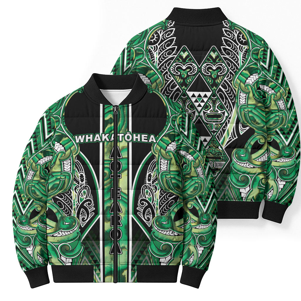 Aotearoa Whakatohea Bomber Puffer Jacket Maori Tribal Green Abalone Paua Shell Pattern DT05 - Polynesian Pride