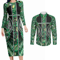 Aotearoa Whakatohea Couples Matching Long Sleeve Bodycon Dress and Long Sleeve Button Shirt Maori Tribal Green Abalone Paua Shell Pattern DT05 Green - Polynesian Pride