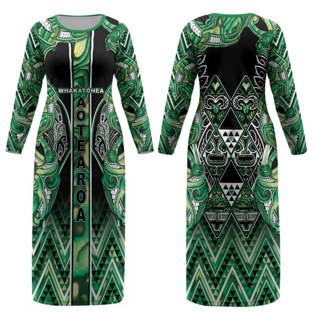 Aotearoa Whakatohea Couples Matching Long Sleeve Bodycon Dress and Long Sleeve Button Shirt Maori Tribal Green Abalone Paua Shell Pattern DT05 - Polynesian Pride