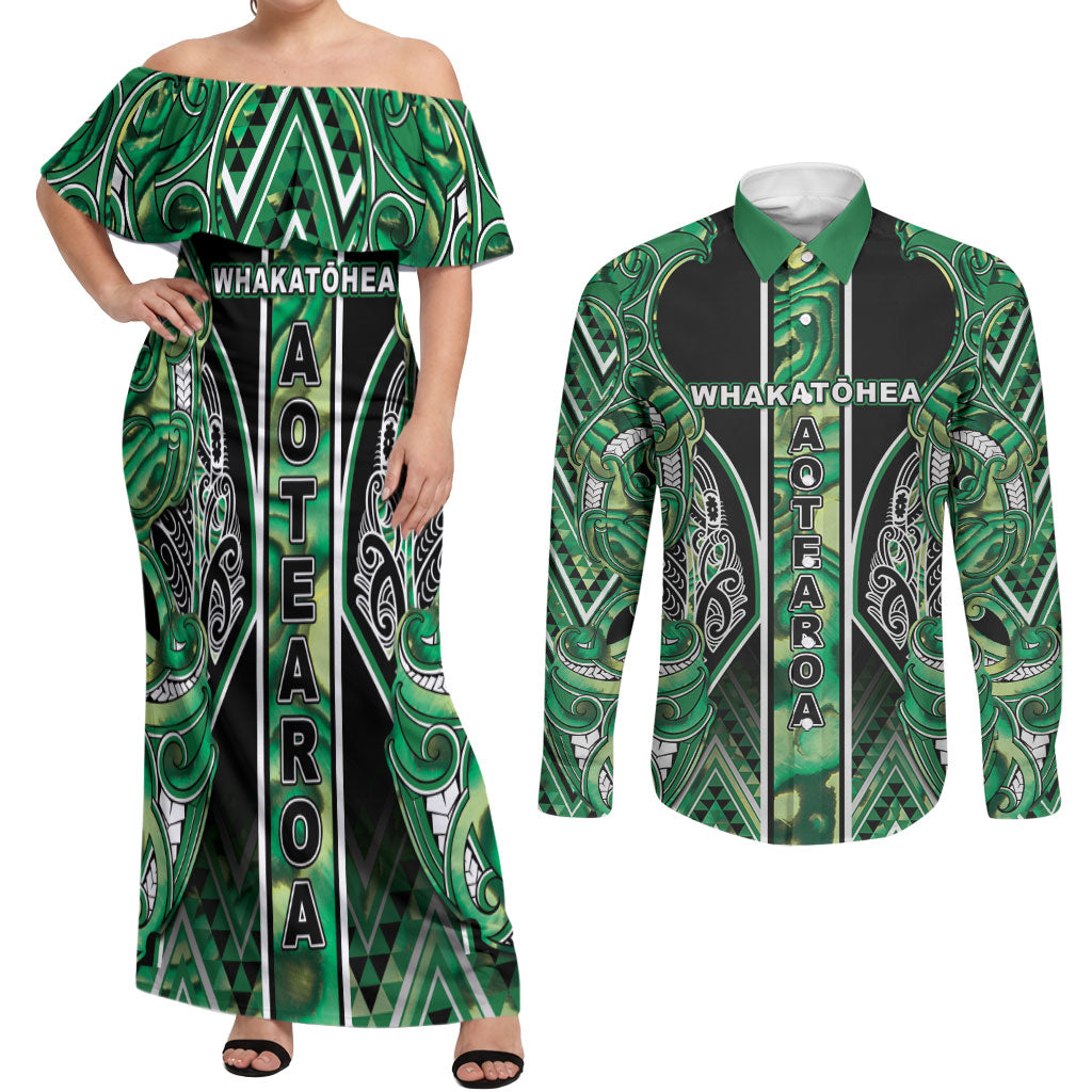 Aotearoa Whakatohea Couples Matching Off Shoulder Maxi Dress and Long Sleeve Button Shirt Maori Tribal Green Abalone Paua Shell Pattern DT05 Green - Polynesian Pride