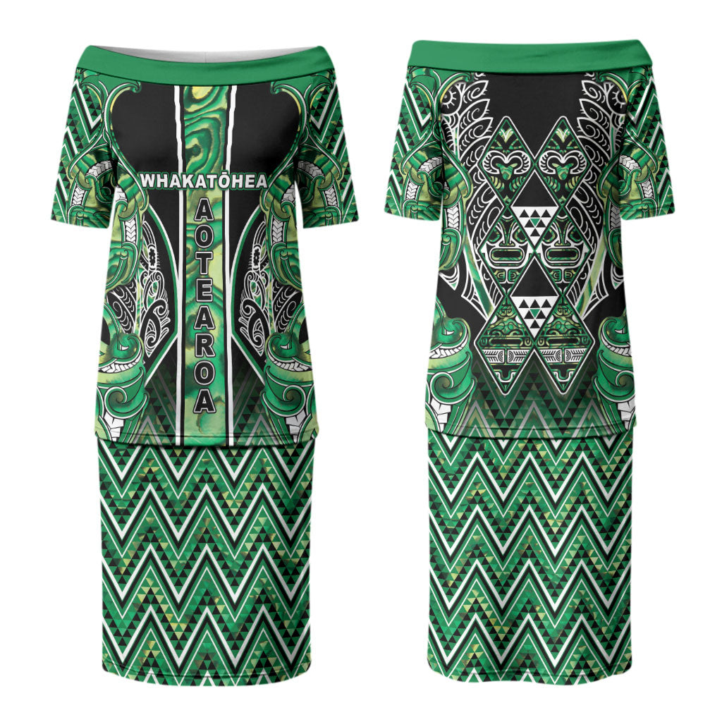 Aotearoa Whakatohea Couples Matching Puletasi and Hawaiian Shirt Maori Tribal Green Abalone Paua Shell Pattern DT05 - Polynesian Pride