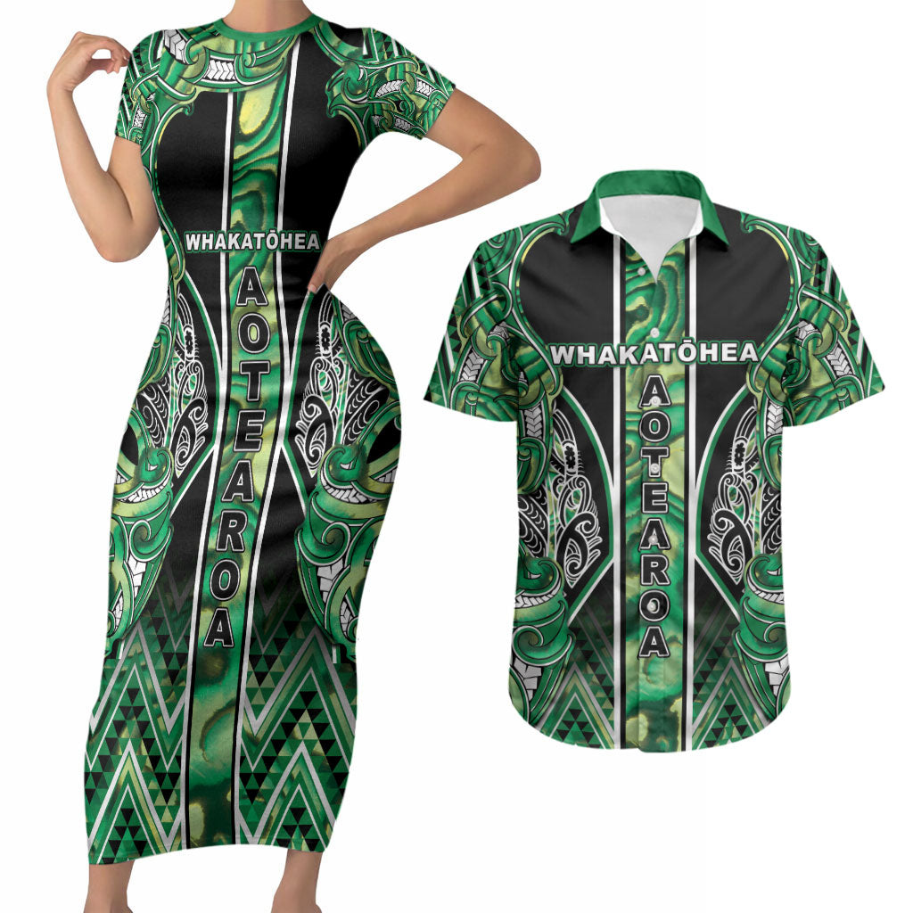 Aotearoa Whakatohea Couples Matching Short Sleeve Bodycon Dress and Hawaiian Shirt Maori Tribal Green Abalone Paua Shell Pattern DT05 Green - Polynesian Pride