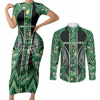 Aotearoa Whakatohea Couples Matching Short Sleeve Bodycon Dress and Long Sleeve Button Shirt Maori Tribal Green Abalone Paua Shell Pattern DT05 Green - Polynesian Pride