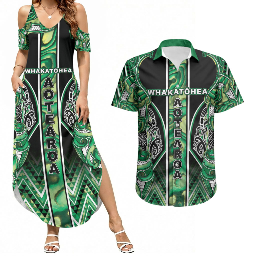 Aotearoa Whakatohea Couples Matching Summer Maxi Dress and Hawaiian Shirt Maori Tribal Green Abalone Paua Shell Pattern DT05 Green - Polynesian Pride