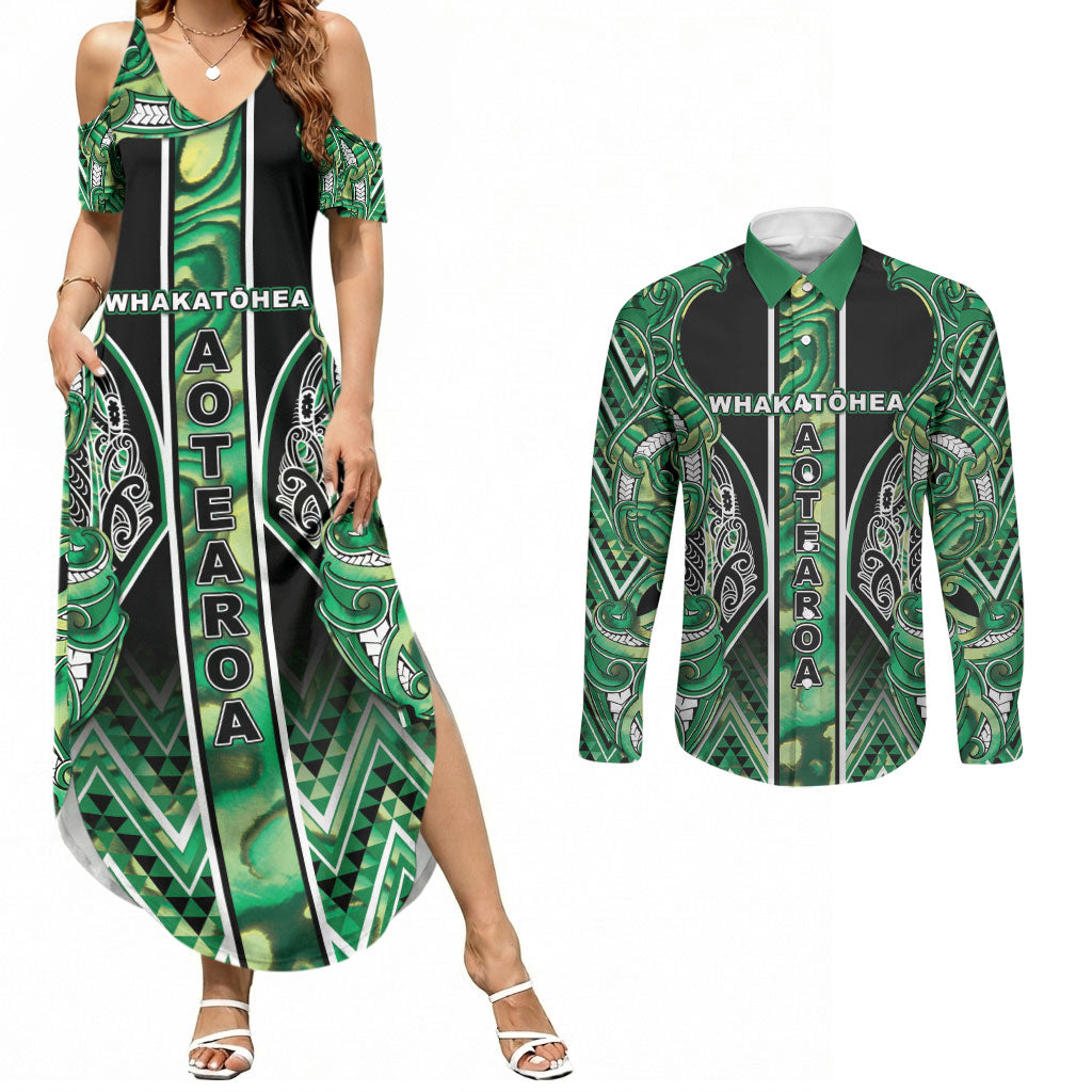 Aotearoa Whakatohea Couples Matching Summer Maxi Dress and Long Sleeve Button Shirt Maori Tribal Green Abalone Paua Shell Pattern DT05 Green - Polynesian Pride