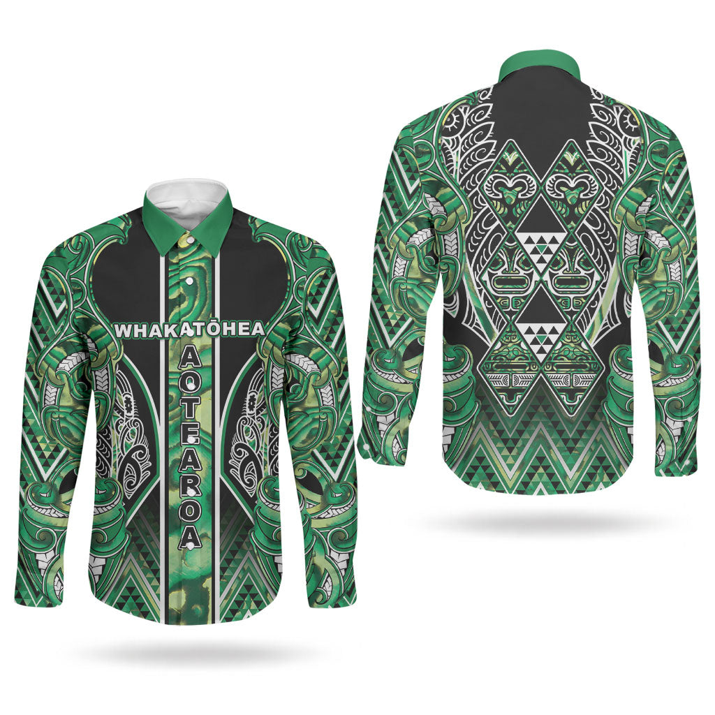 Aotearoa Whakatohea Couples Matching Summer Maxi Dress and Long Sleeve Button Shirt Maori Tribal Green Abalone Paua Shell Pattern DT05 - Polynesian Pride