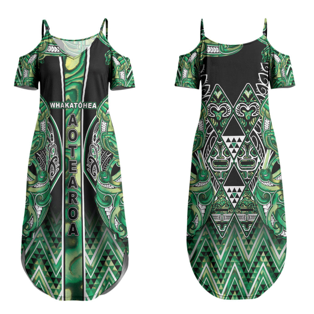 Aotearoa Whakatohea Couples Matching Summer Maxi Dress and Long Sleeve Button Shirt Maori Tribal Green Abalone Paua Shell Pattern DT05 - Polynesian Pride