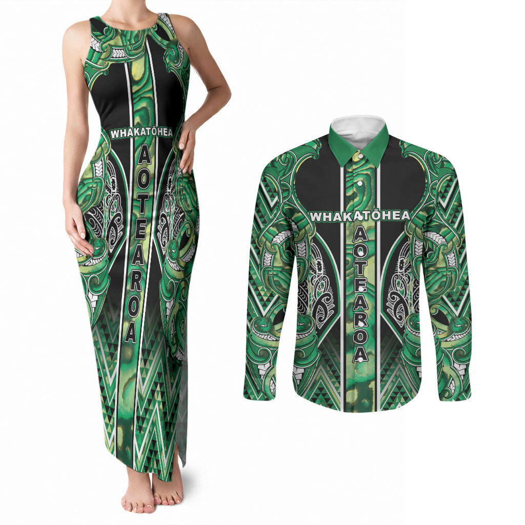 Aotearoa Whakatohea Couples Matching Tank Maxi Dress and Long Sleeve Button Shirt Maori Tribal Green Abalone Paua Shell Pattern DT05 Green - Polynesian Pride
