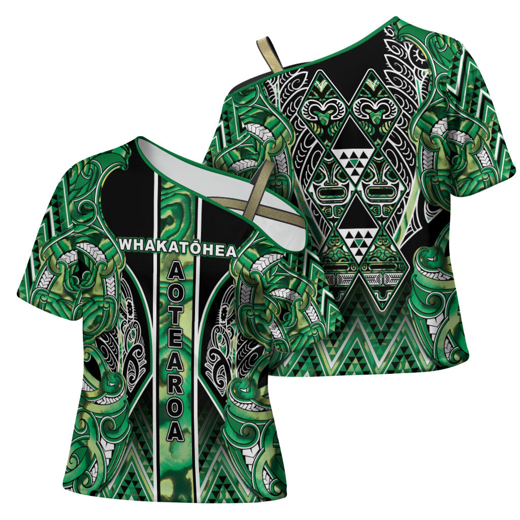 Aotearoa Whakatohea Cross Shoulder Shirt Maori Tribal Green Abalone Paua Shell Pattern DT05 - Polynesian Pride
