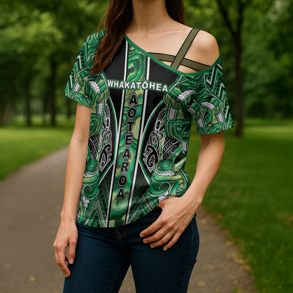 Aotearoa Whakatohea Cross Shoulder Shirt Maori Tribal Green Abalone Paua Shell Pattern DT05 - Polynesian Pride