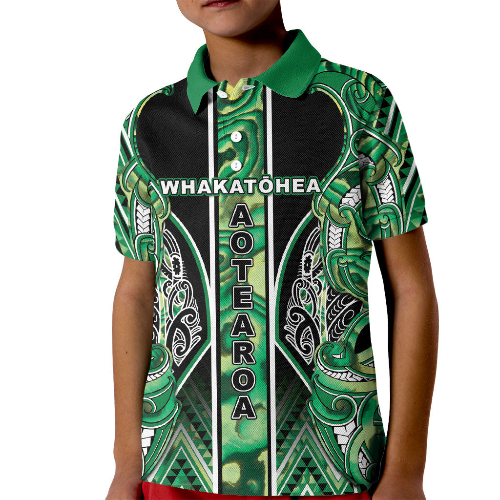 Aotearoa Whakatohea Kid Polo Shirt Maori Tribal Green Abalone Paua Shell Pattern DT05 Kid Green - Polynesian Pride