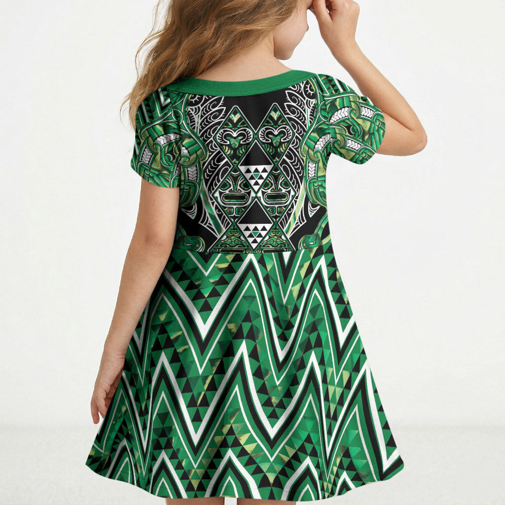 Aotearoa Whakatohea Kid Short Sleeve Dress Maori Tribal Green Abalone Paua Shell Pattern DT05 - Polynesian Pride
