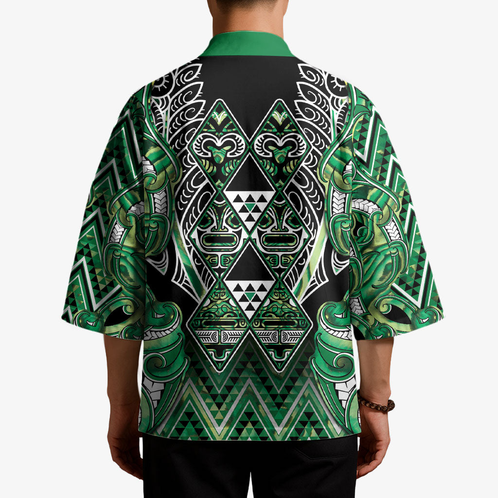Aotearoa Whakatohea Kimono Maori Tribal Green Abalone Paua Shell Pattern DT05 - Polynesian Pride