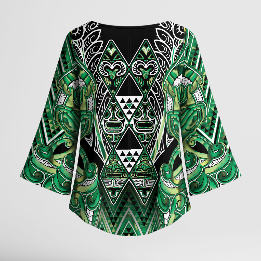Aotearoa Whakatohea Kimono Sleeve Blouse Maori Tribal Green Abalone Paua Shell Pattern DT05 - Polynesian Pride