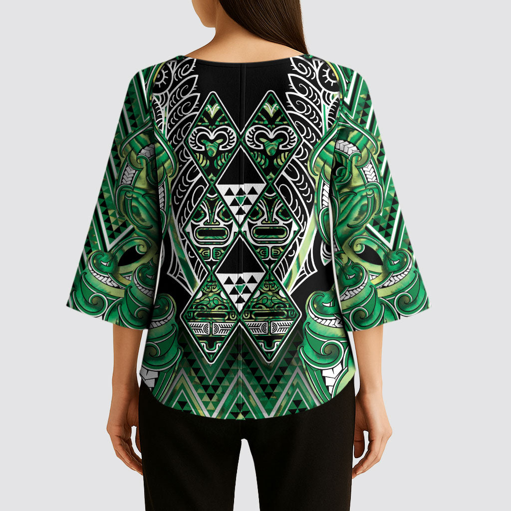 Aotearoa Whakatohea Kimono Sleeve Blouse Maori Tribal Green Abalone Paua Shell Pattern DT05 - Polynesian Pride