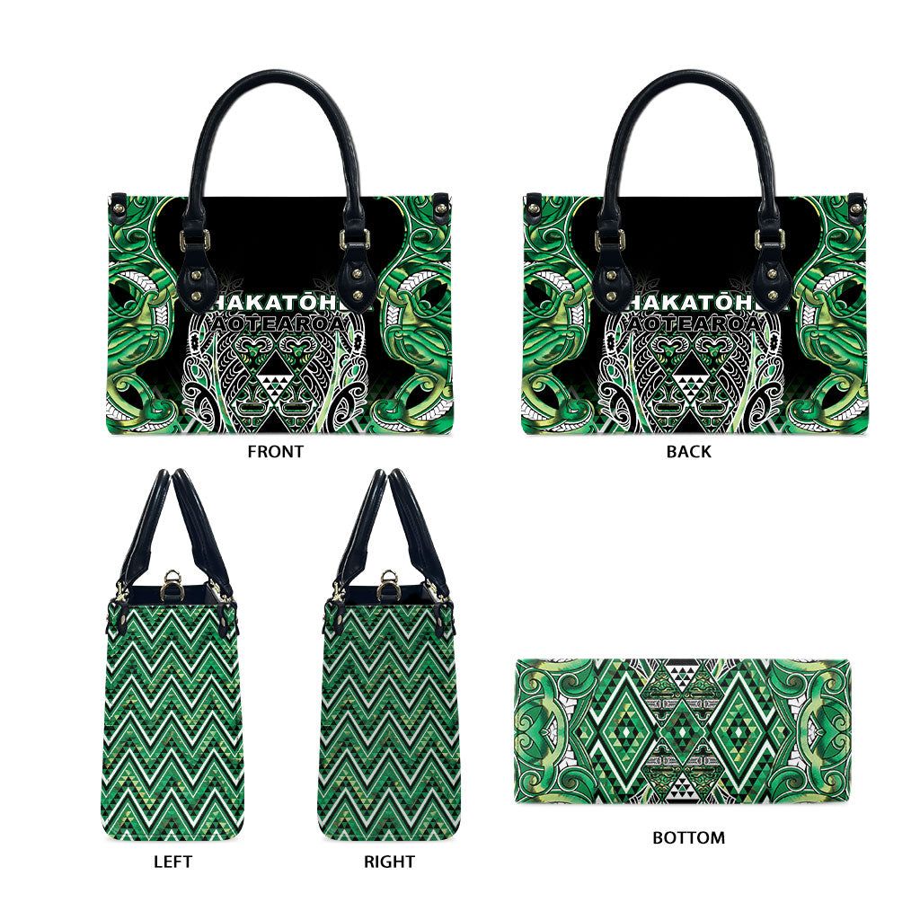 Aotearoa Whakatohea Leather Bag Maori Tribal Green Abalone Paua Shell Pattern DT05 - Polynesian Pride