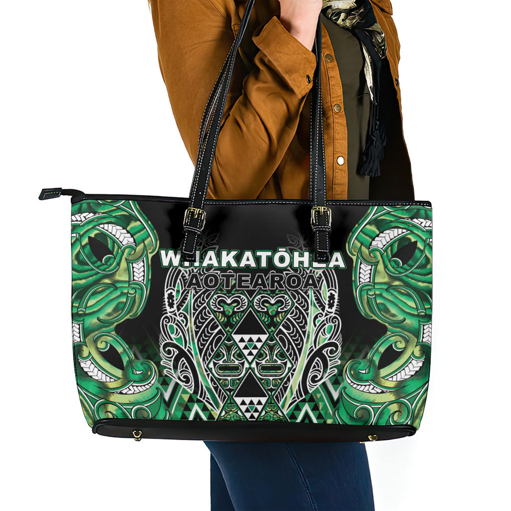 Aotearoa Whakatohea Leather Tote Bag Maori Tribal Green Abalone Paua Shell Pattern DT05 - Polynesian Pride