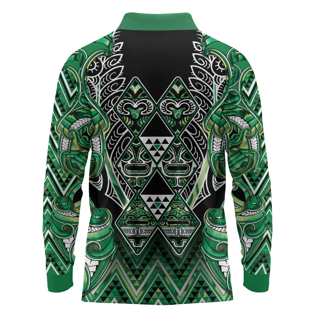 Aotearoa Whakatohea Long Sleeve Polo Shirt Maori Tribal Green Abalone Paua Shell Pattern DT05 - Polynesian Pride
