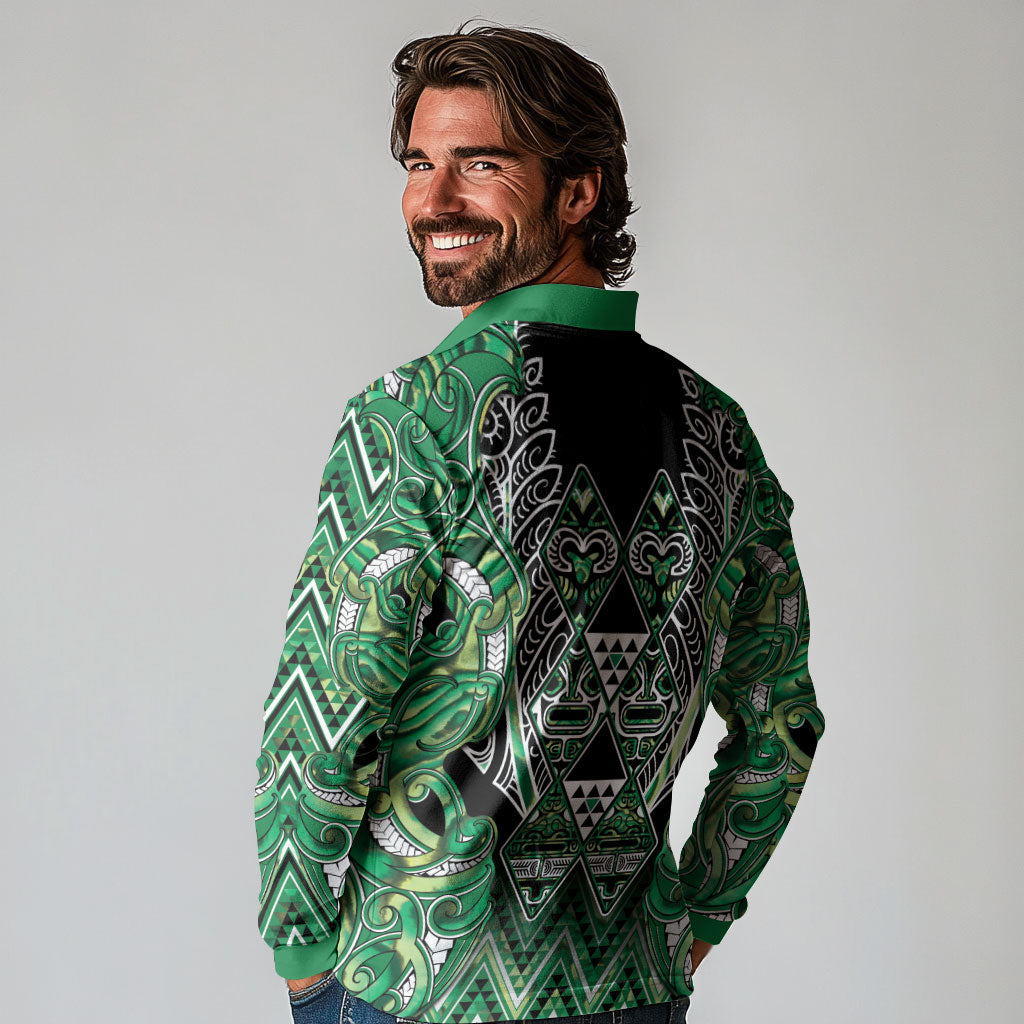 Aotearoa Whakatohea Long Sleeve Polo Shirt Maori Tribal Green Abalone Paua Shell Pattern DT05 - Polynesian Pride