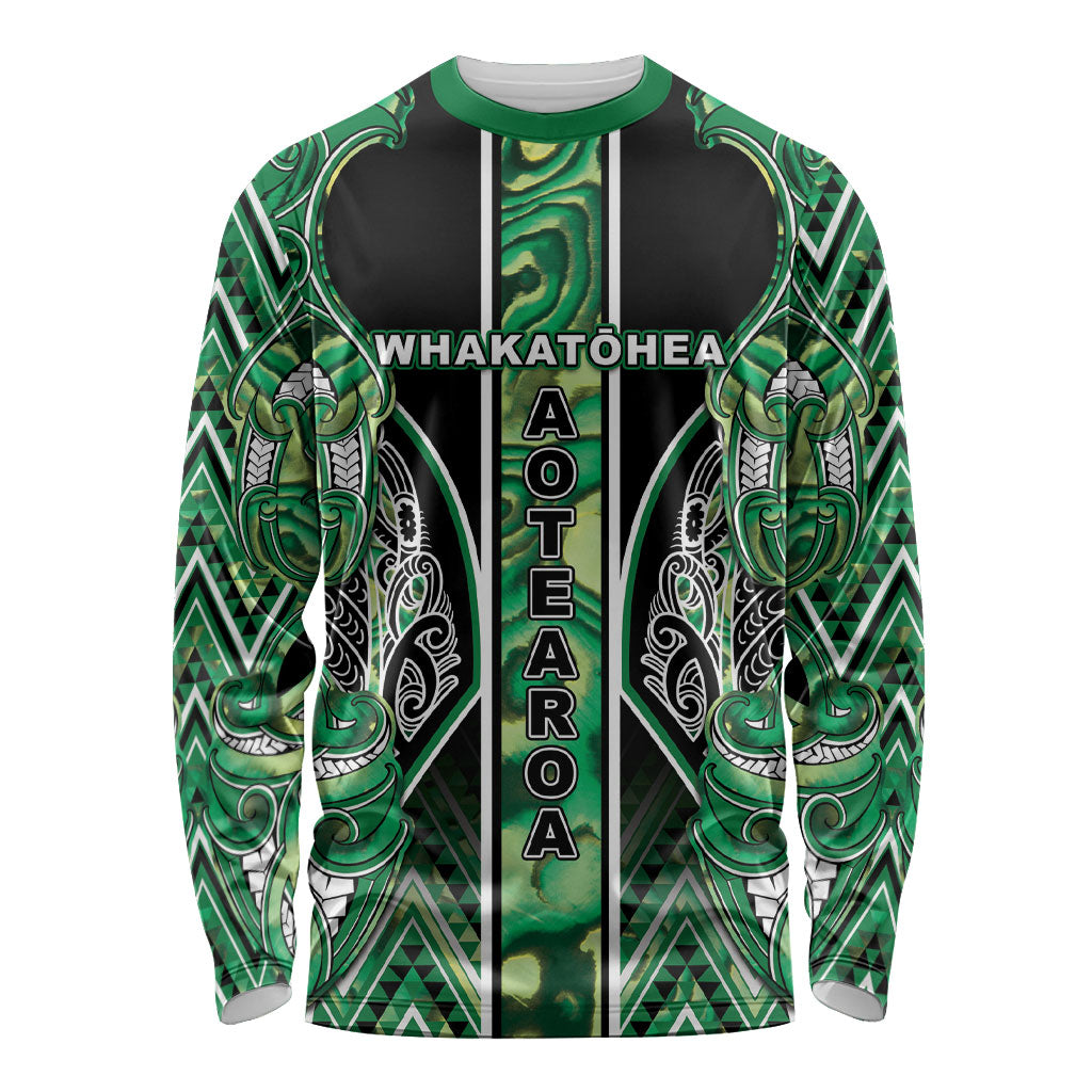 Aotearoa Whakatohea Long Sleeve Shirt Maori Tribal Green Abalone Paua Shell Pattern DT05 Unisex Green - Polynesian Pride