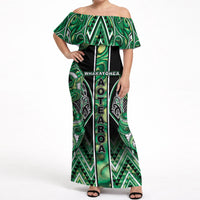 Aotearoa Whakatohea Off Shoulder Maxi Dress Maori Tribal Green Abalone Paua Shell Pattern DT05 Women Green - Polynesian Pride