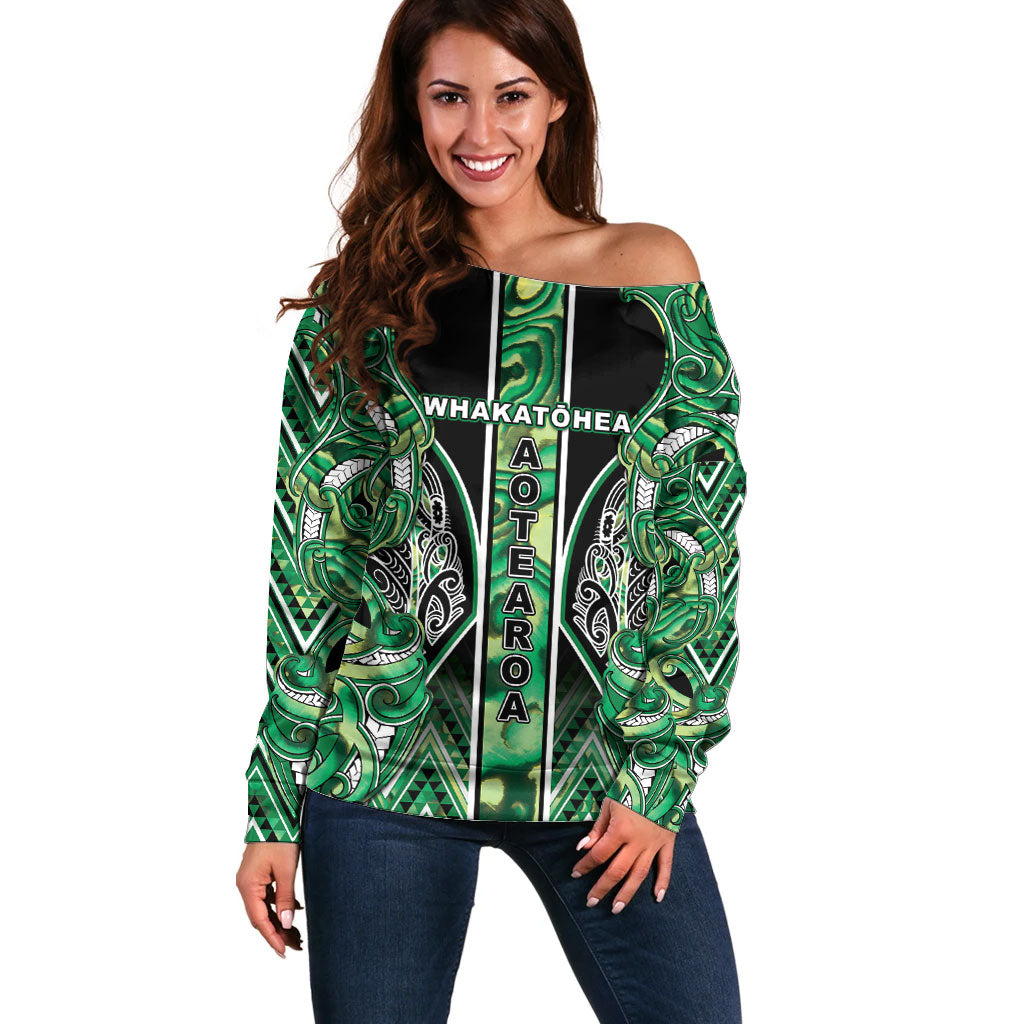 Aotearoa Whakatohea Off Shoulder Sweater Maori Tribal Green Abalone Paua Shell Pattern