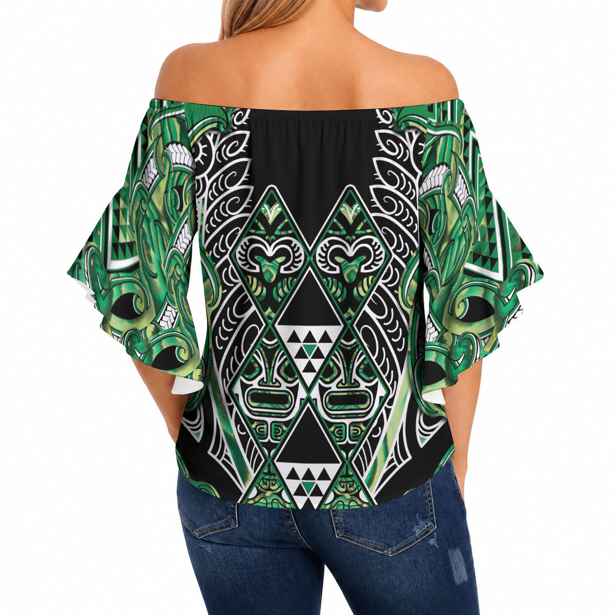 Aotearoa Whakatohea Off Shoulder Wrap Waist Top Maori Tribal Green Abalone Paua Shell Pattern DT05 - Polynesian Pride