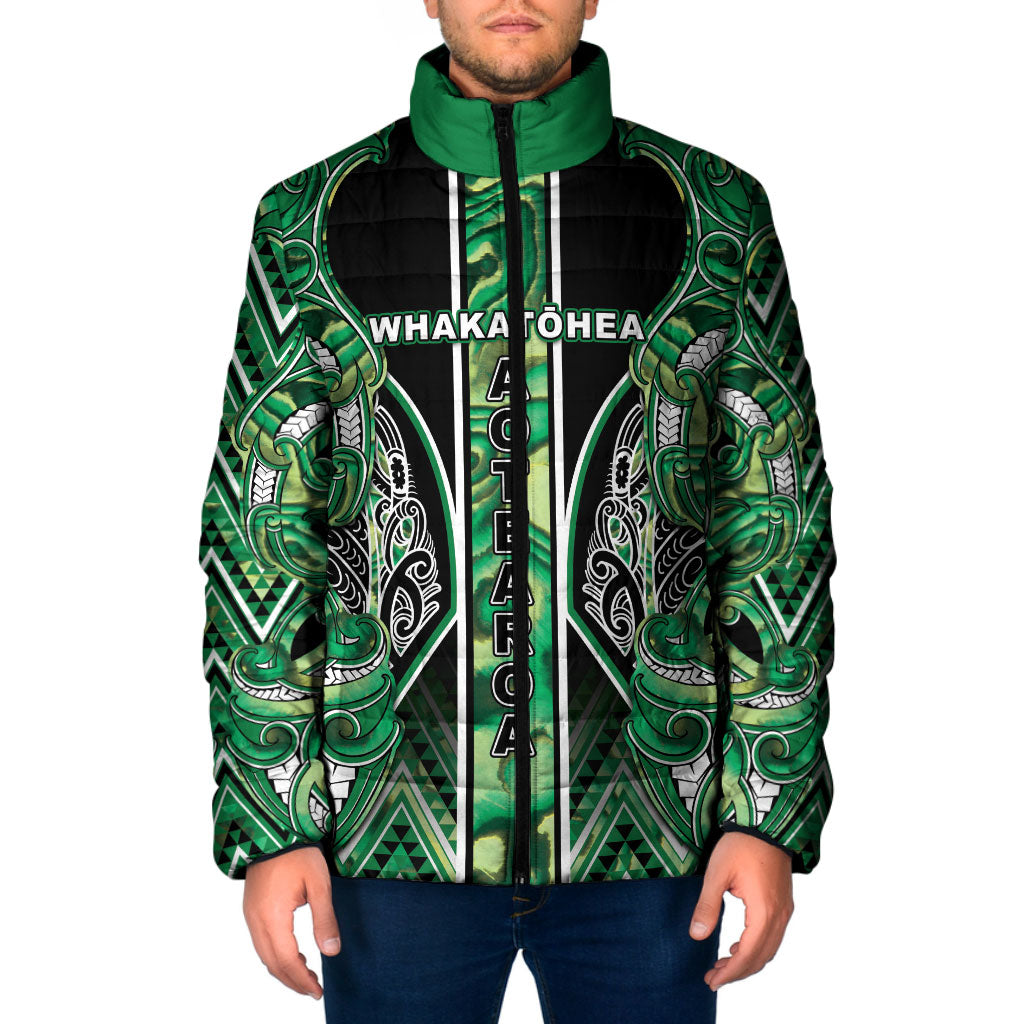 Aotearoa Whakatohea Padded Jacket Maori Tribal Green Abalone Paua Shell Pattern